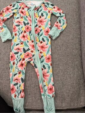 Little One Shop Floral 2 way Zip-Front Kids One-Piece in Aqua and Pink 12-18m